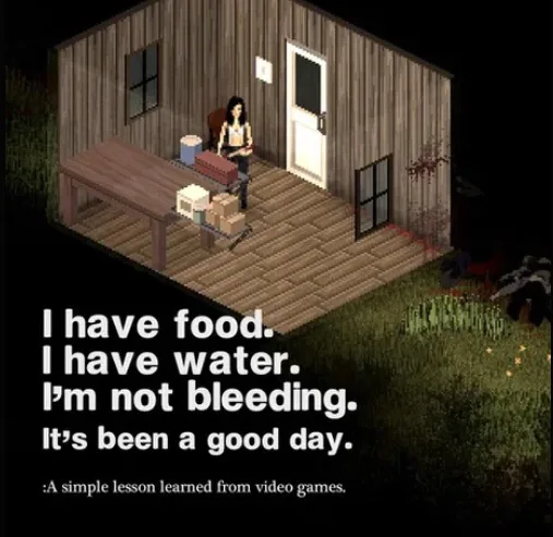 A pixel-art image from a video game shows a character standing on a wooden porch of a cabin at night, next to a table with…