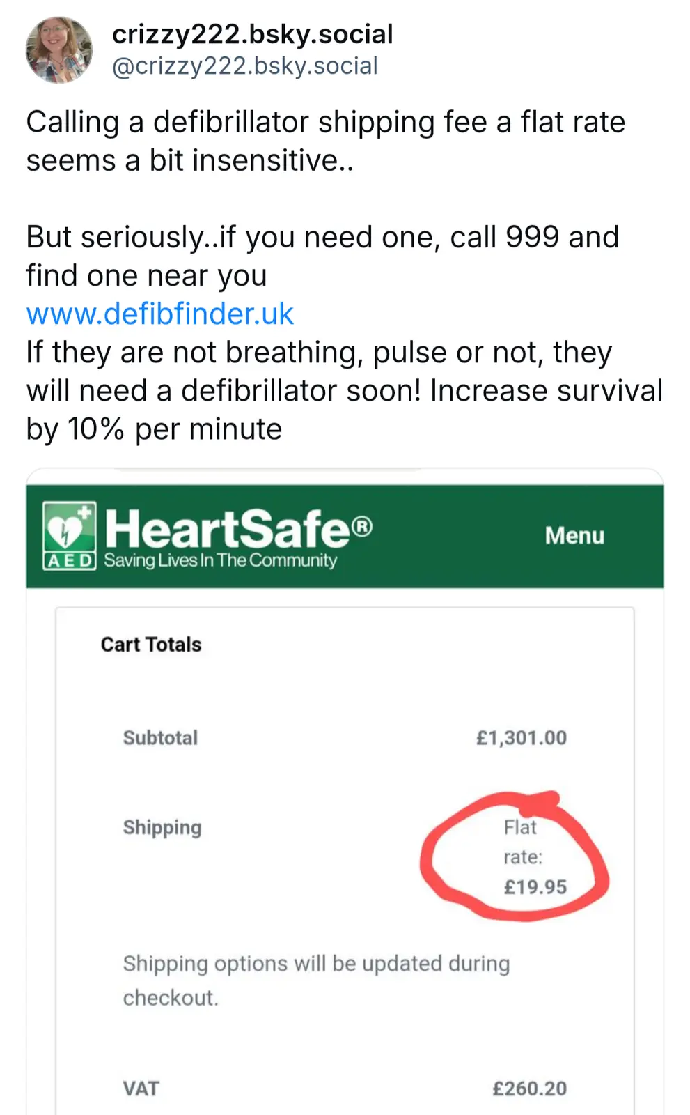 A screenshot of a HeartSafe AED shopping cart showing a subtotal of £1,301.00 and a shipping fee labeled 'Flat rate…