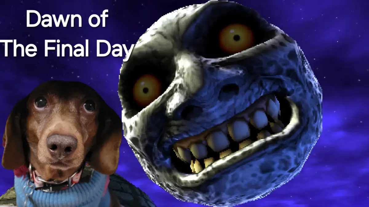 A brown dachshund wearing a blue sweater and collar looks forward against a starry purple background, next to a large…