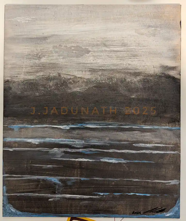 An abstract painting depicts a dark, textured seascape with swirling waves and a muted sky, overlaid with the text 'J…