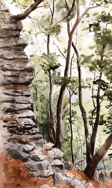 A watercolor painting depicts a rocky cliffside with trees and foliage, overlaid with the text 'i'm not lazy, i'm in…
