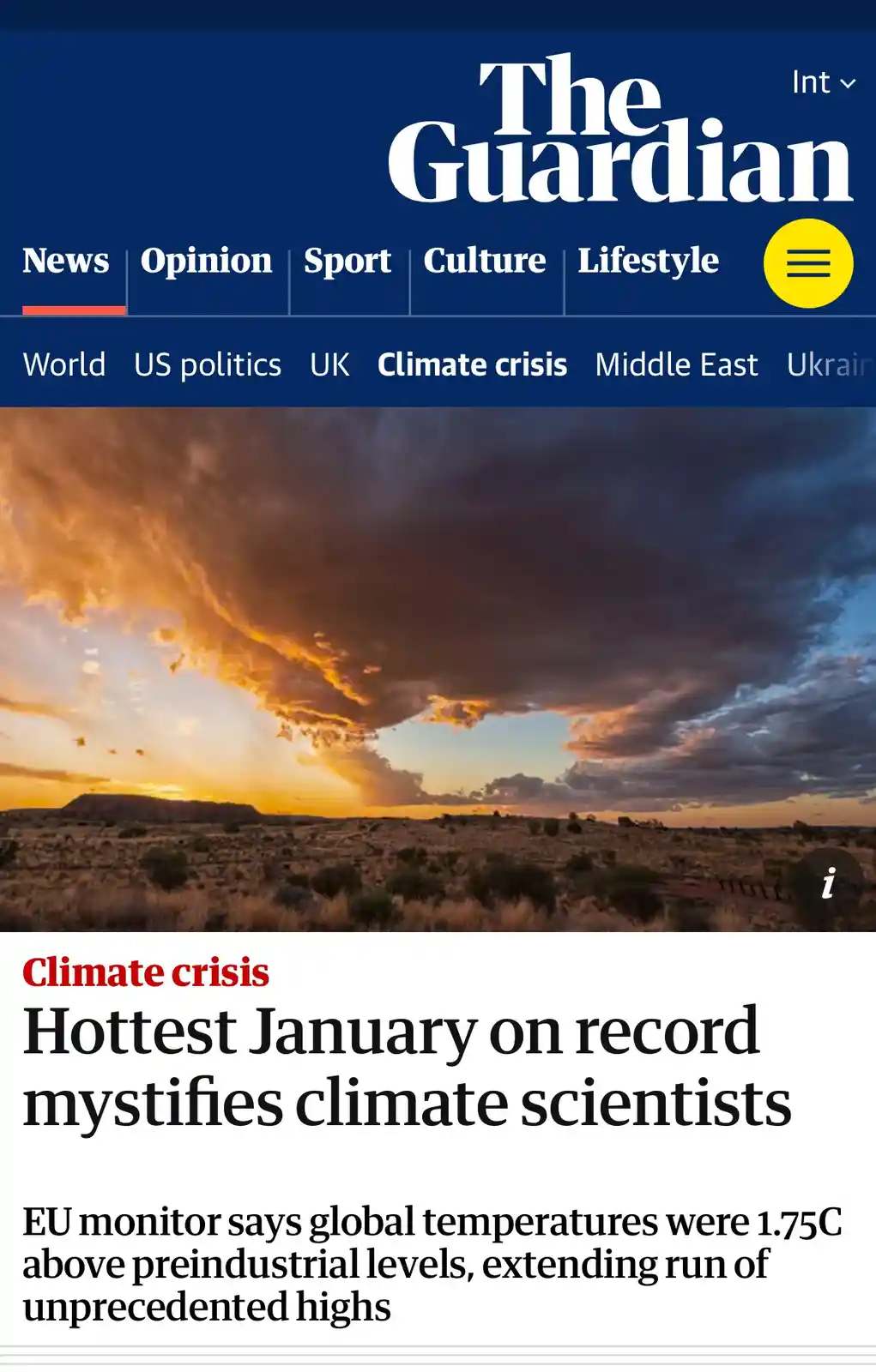 The image shows a screenshot of The Guardian's news website with a dramatic sunset over a dry landscape. The headline reads…