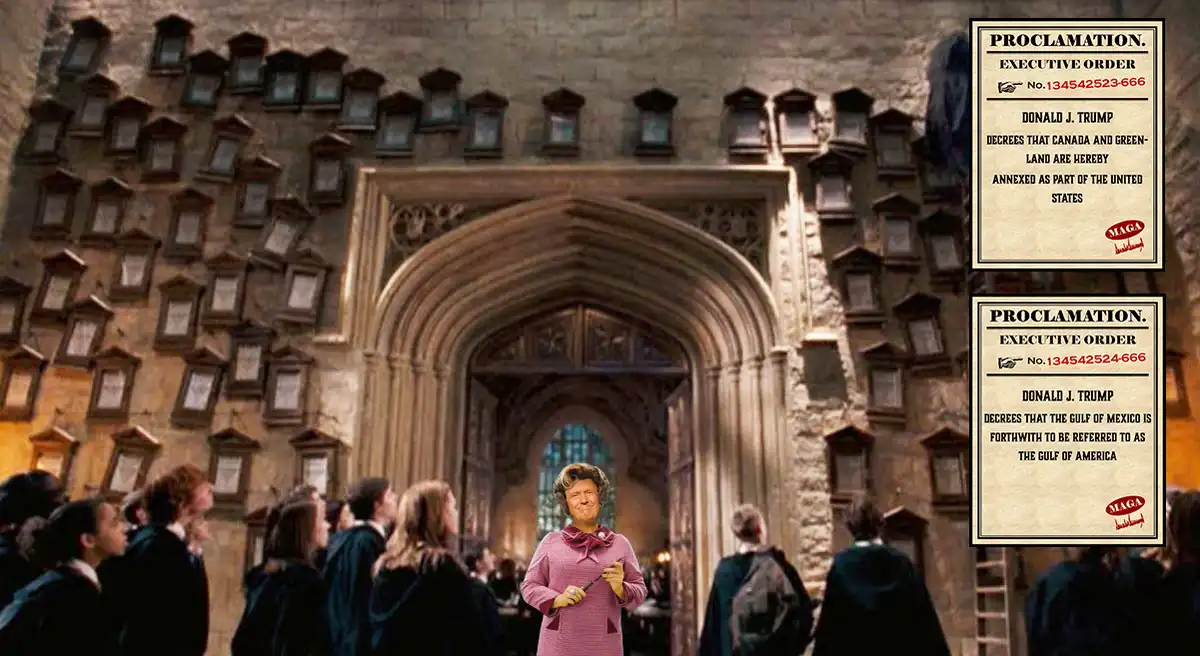 The image shows a scene from Harry Potter with a cutout of a smiling woman in a pink sweater and red scarf holding a wand…