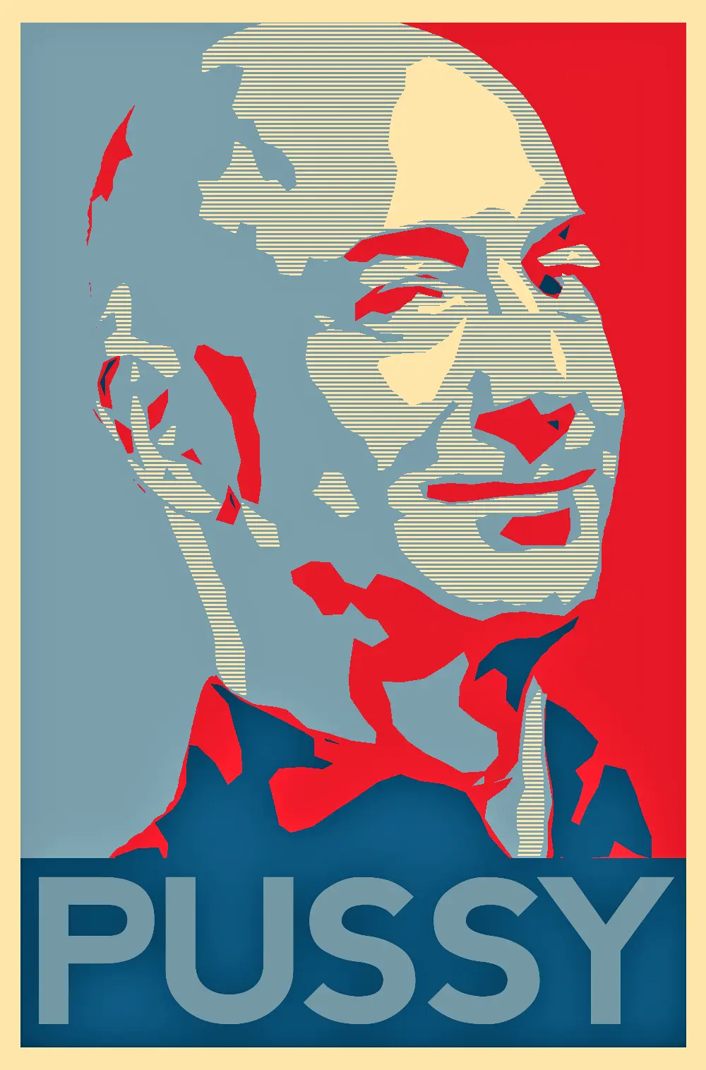 A stylized, graphic poster features a portrait of Donald Trump rendered in a bold, red, white, and blue color scheme with…