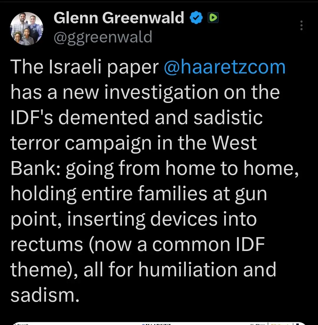 A screenshot of a tweet by Glenn Greenwald (@ggreenwald) with a black background and white text. The tweet criticizes an…