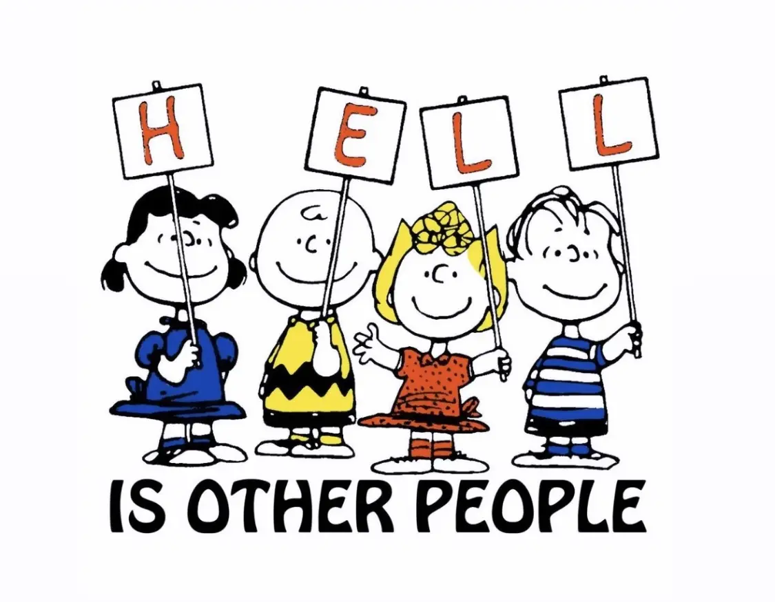 Four smiling Peanuts characters—Lucy, Charlie Brown, Sally, and Linus—each hold a sign spelling out 'HELL' in red letters…