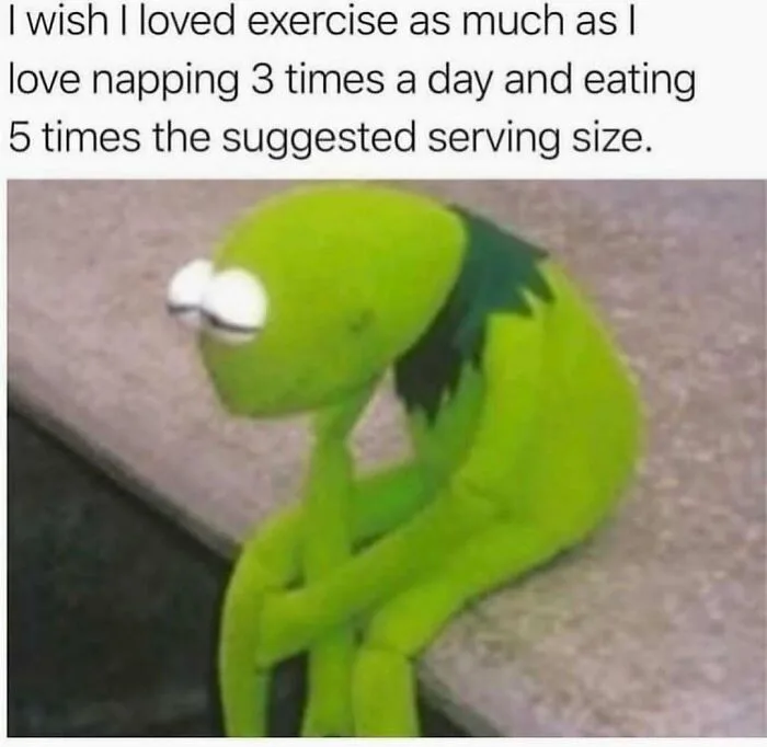 A green, frog-like plush toy with a sad, droopy expression sits slumped on a ledge. The text above reads: 'I wish I loved…