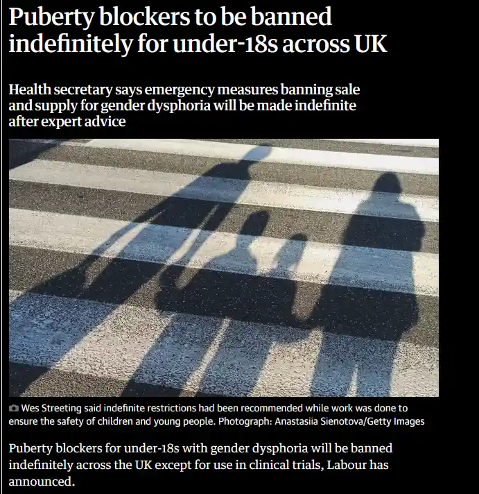 A news article screenshot with a headline about banning puberty blockers for under-18s in the UK, overlaid on a photo…