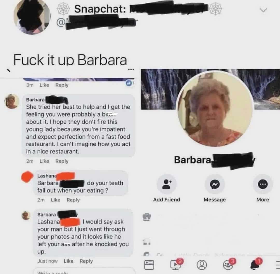 A screenshot of a Snapchat conversation shows a user named Barbara receiving increasingly aggressive and insulting replies…