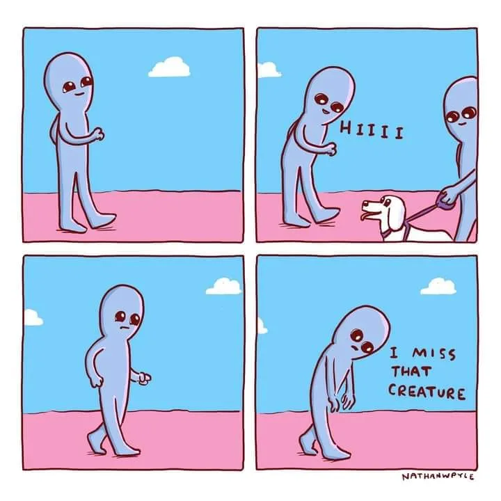 A four-panel comic shows a blue alien standing alone, then greeting another alien with a dog on a leash. The first alien…