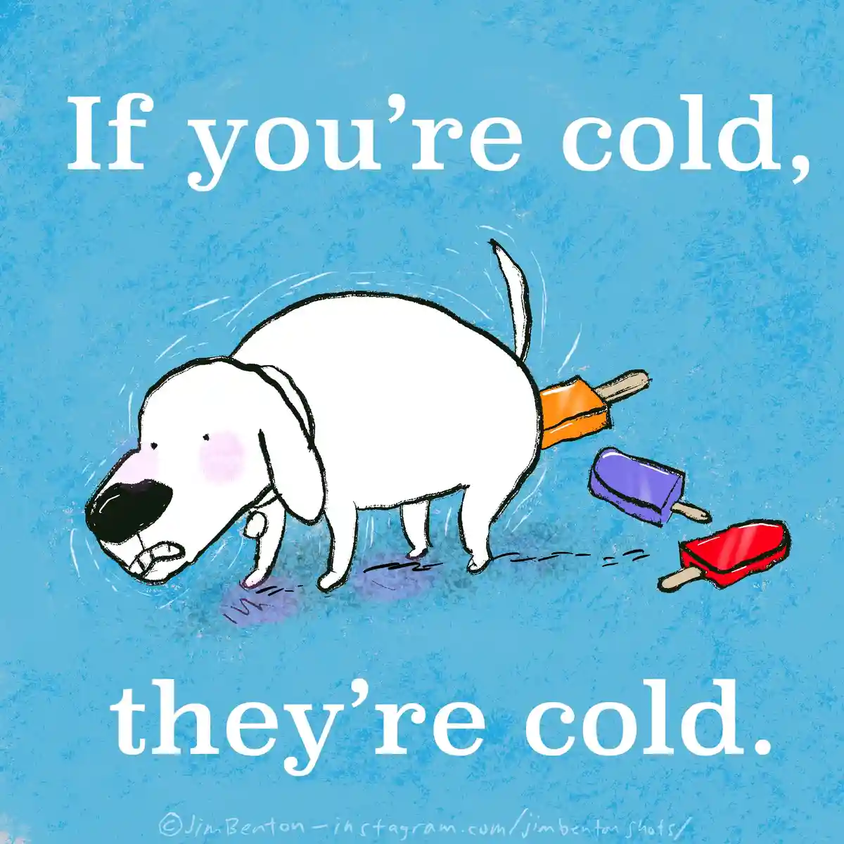 A cartoon white dog with a popsicle stuck to its rear end, surrounded by two other fallen popsicles on a blue textured…