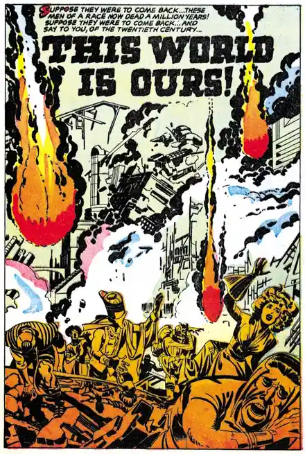A vintage comic book panel depicts a chaotic, apocalyptic scene with fiery meteors crashing into a ruined city, soldiers in…