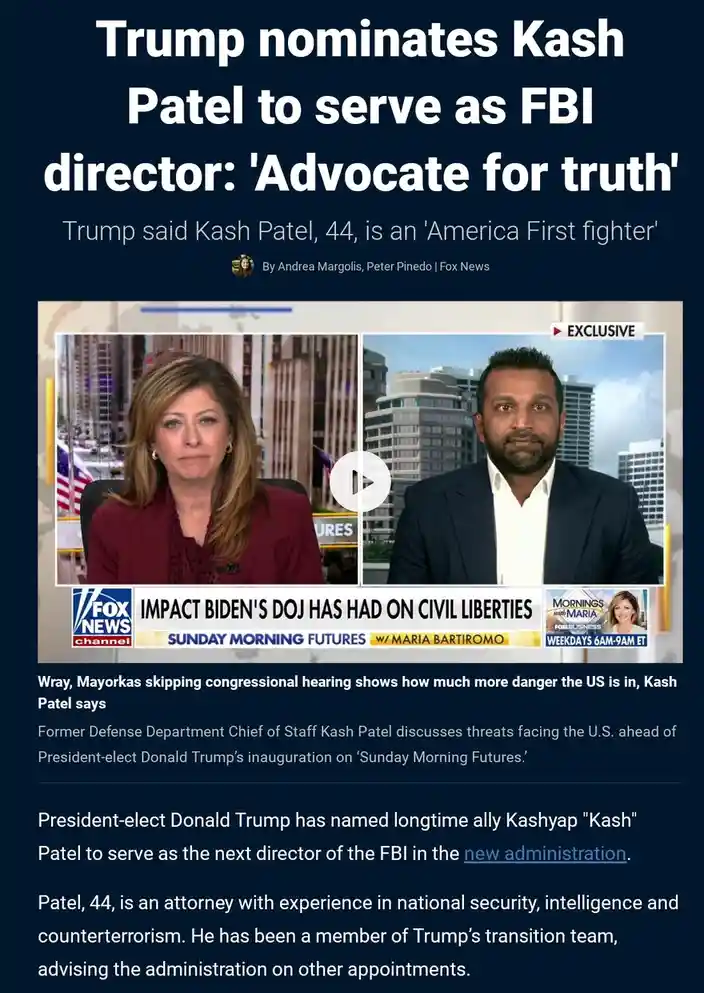 A Fox News article screenshot shows a split-screen video interview with Maria Bartiromo and Kash Patel. The headline reads…