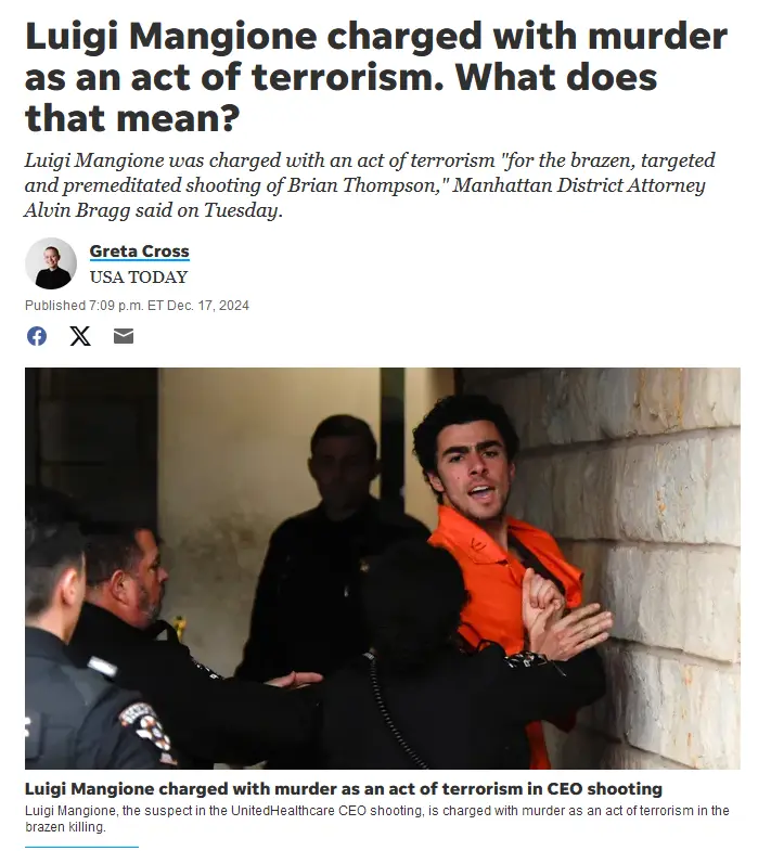 A screenshot of a USA TODAY news article from December 17, 2024, featuring a photo of Luigi Mangione in an orange jumpsuit…