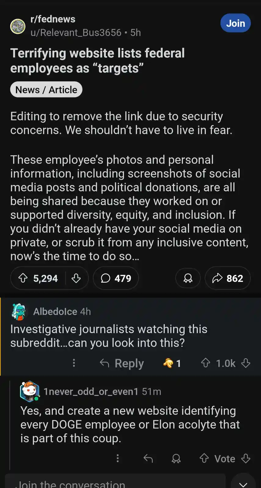 A Reddit post from r/fednews about a website listing federal employees as targets for their support of DEI, with a comment…