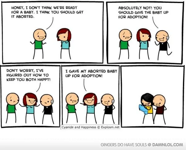 A four-panel comic strip shows a couple arguing about having a baby. The husband suggests abortion, the wife suggests…