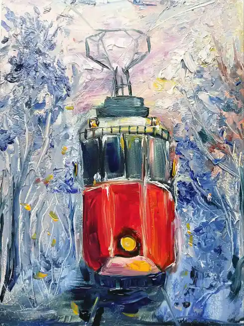 A thickly painted, impressionistic artwork depicts a red tram with a yellow headlight, surrounded by abstract blue and white…
