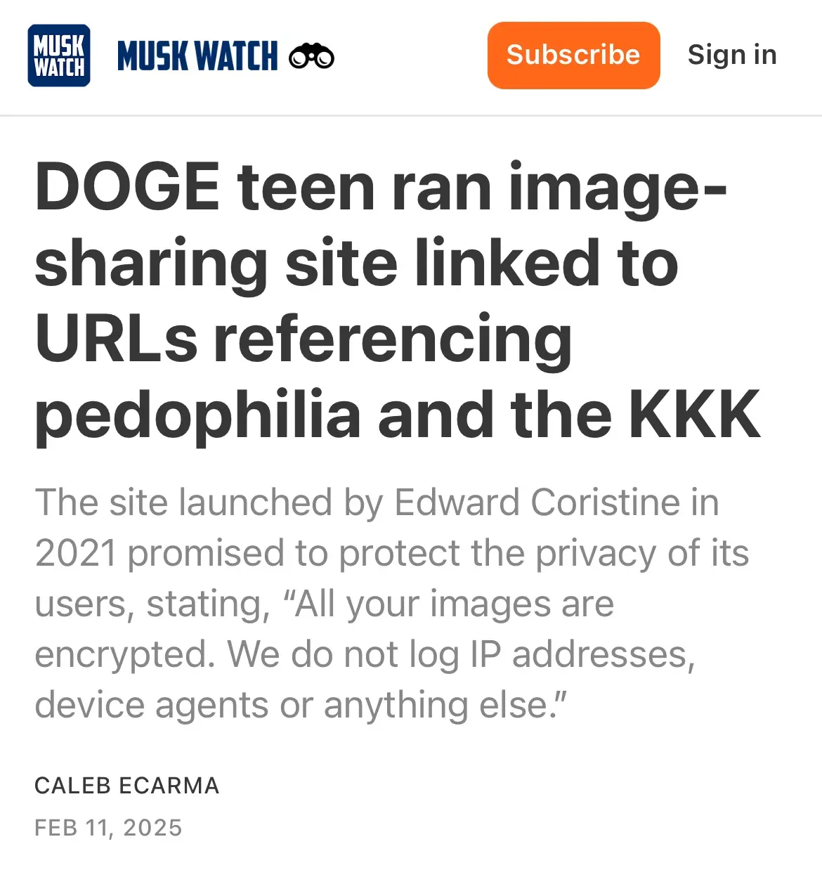 A screenshot of a Musk Watch article headline reads 'DOGE teen ran image-sharing site linked to URLs referencing pedophilia…