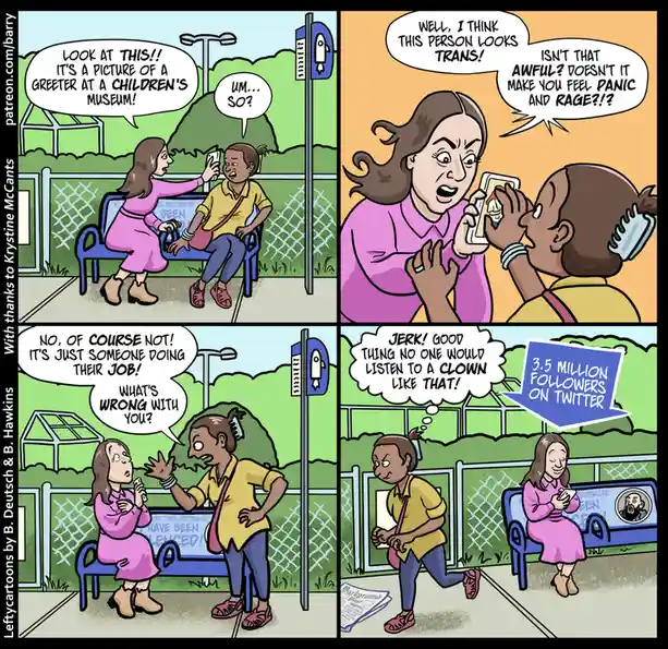 A four-panel comic shows a woman showing her friend a photo of a greeter at a children's museum. The friend reacts with…
