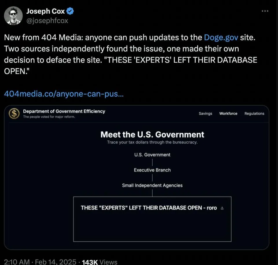 A screenshot of a tweet by Joseph Cox showing a satirical government website called 'Department of Government Efficiency'…