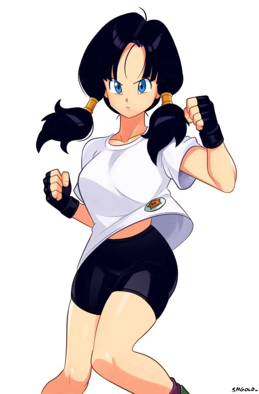 An anime-style illustration of a female fighter with black pigtails, blue eyes, wearing a white t-shirt with a small emblem…