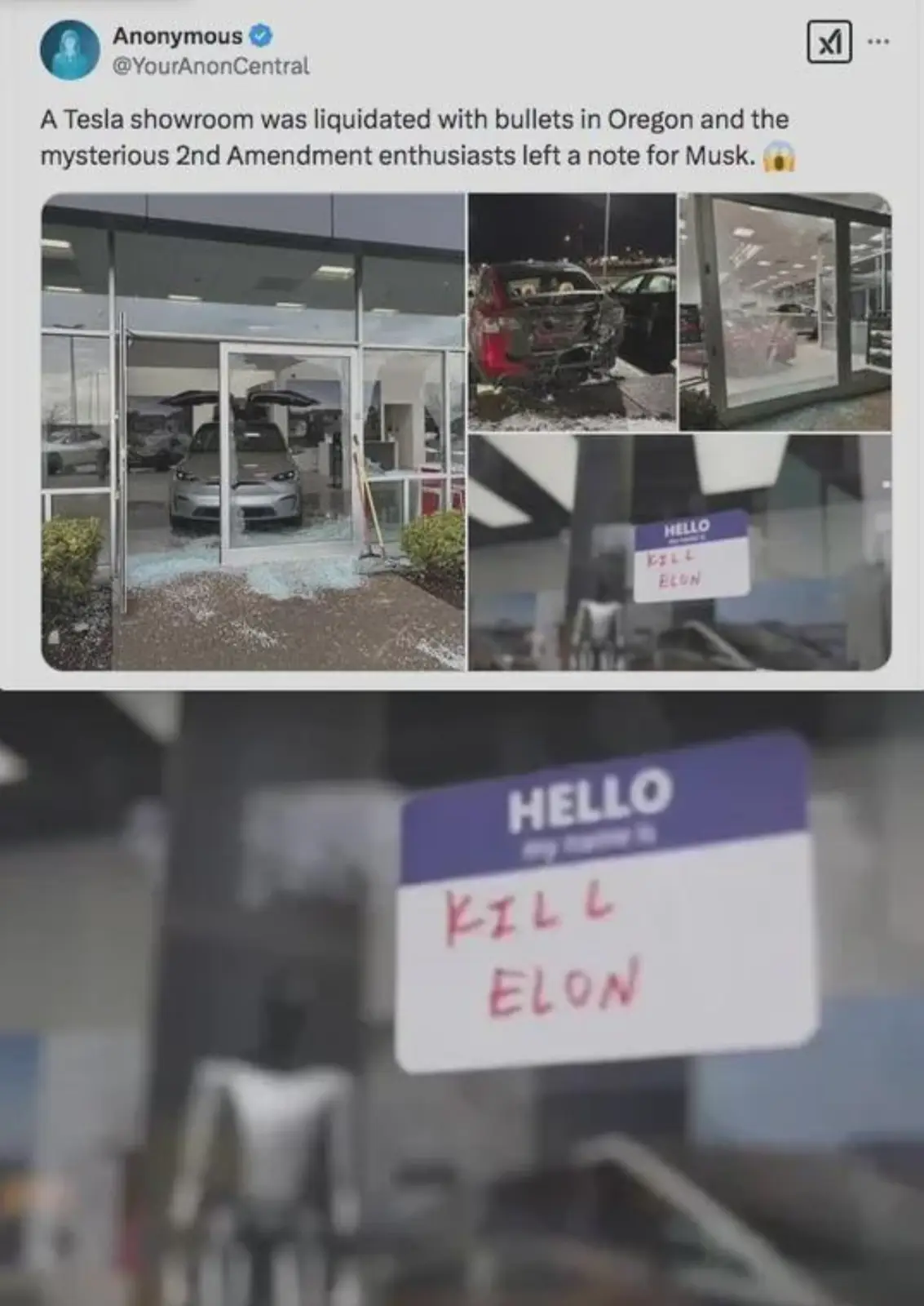 A collage of images shows a damaged Tesla showroom with shattered glass, a damaged car outside, and a close-up of a name tag…