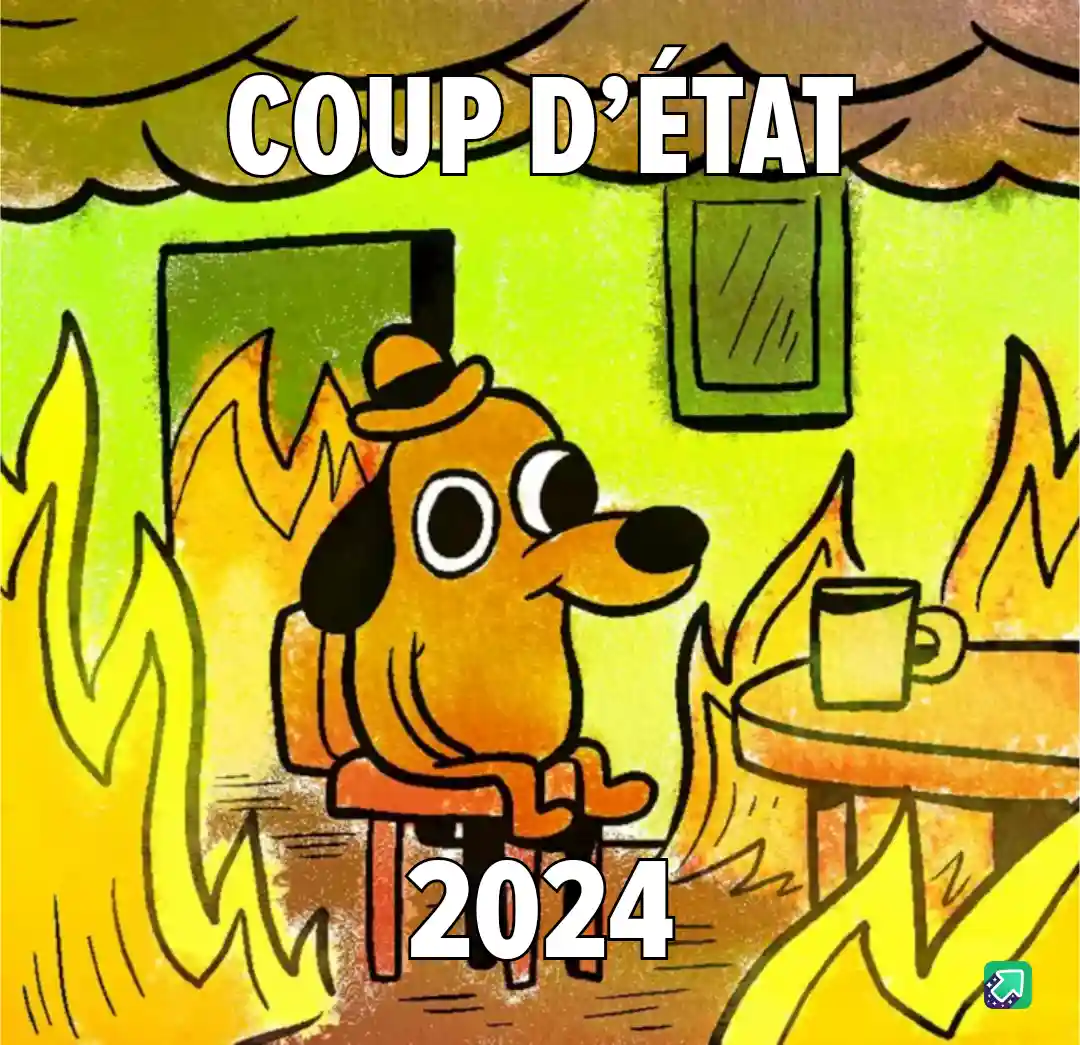 A cartoon dog wearing a hat sits calmly in a room engulfed in flames, holding a mug, with the text 'COUP D'ÉTAT' at the top…
