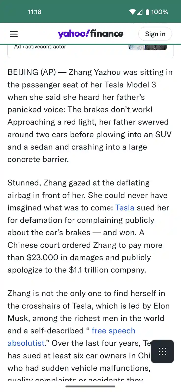 A screenshot of a Yahoo Finance article about Zhang Yazhou, a Tesla Model 3 passenger, who was sued by Tesla for defamation…