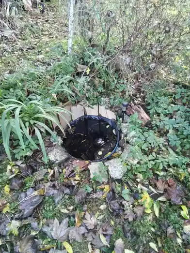 An outdoor garden scene shows a small, circular pond made from a black plastic liner, surrounded by rocks, wood, and…