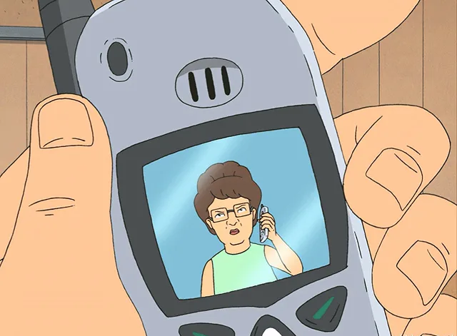A cartoon image shows a person holding an old gray flip phone, looking at the screen which displays a close-up of another…