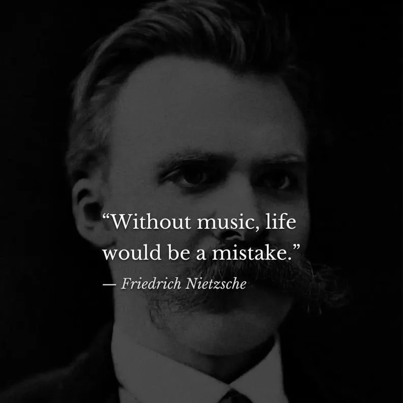 A black-and-white portrait of philosopher Friedrich Nietzsche, looking serious, with a quote overlaid in white text…