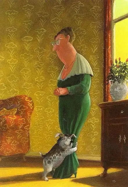 A vintage-style painting depicts a woman in a green dress standing in a sunlit room with floral wallpaper, looking down at a…