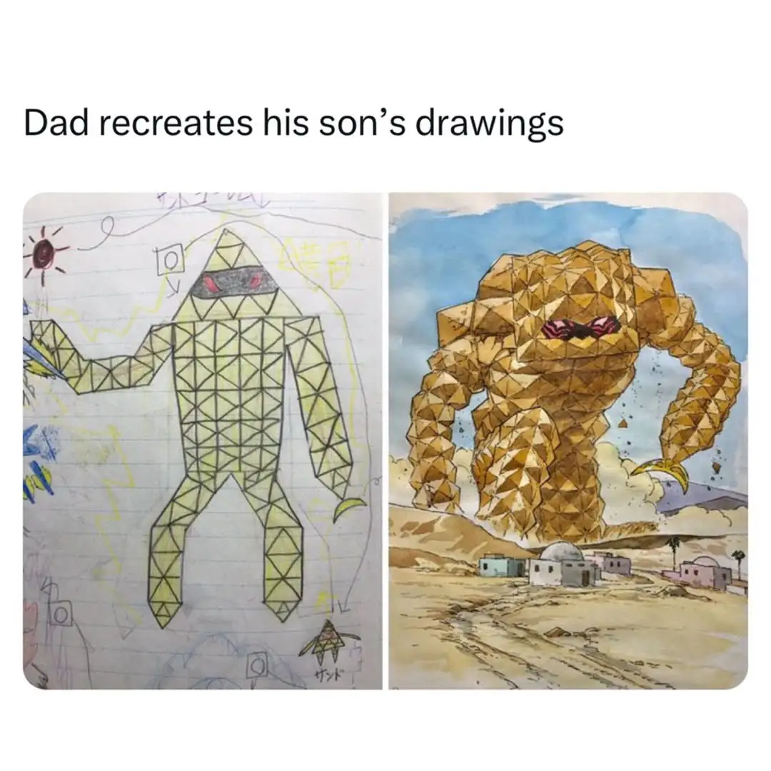 The image displays two side-by-side drawings: on the left, a child's crayon drawing of a triangular, grid-patterned humanoid…