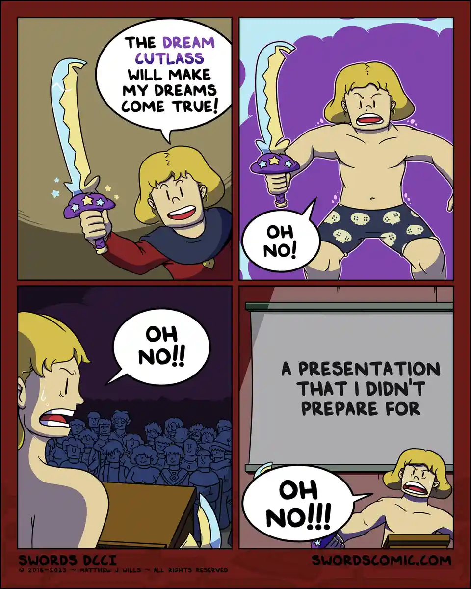 A four-panel comic shows a blonde man excitedly holding a magical sword called 'The Dream Cutlass,' believing it will…