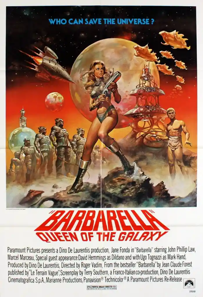 A vintage sci-fi movie poster for 'Barbarella Queen of the Galaxy' shows a woman in a revealing outfit holding a futuristic…