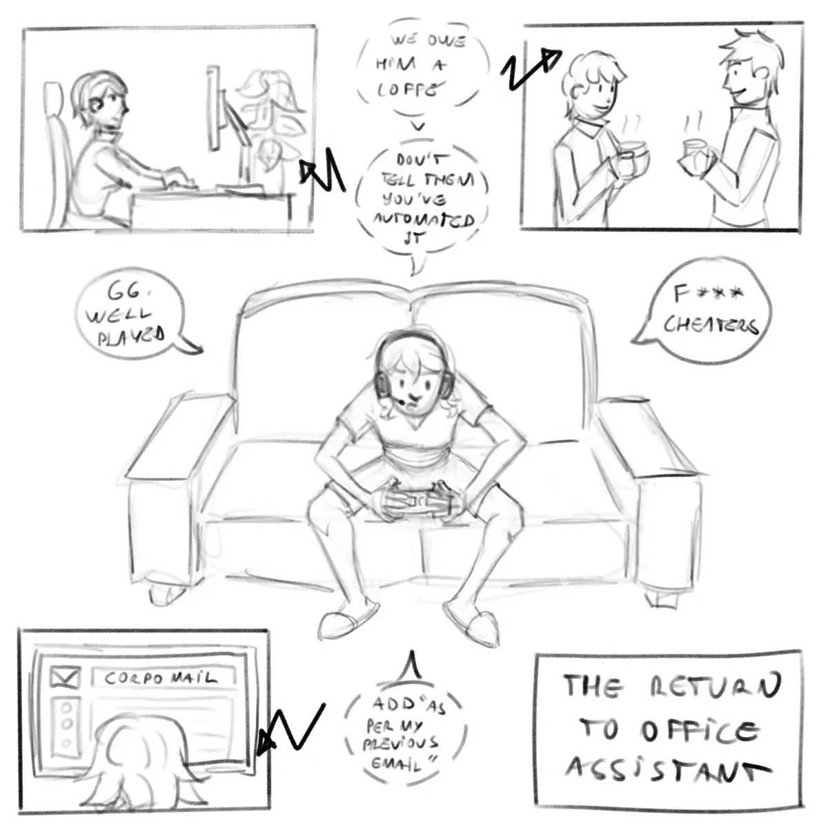 A hand-drawn comic strip depicts a person in a headset playing a game on a couch, reacting to 'cheaters' with 'F***…