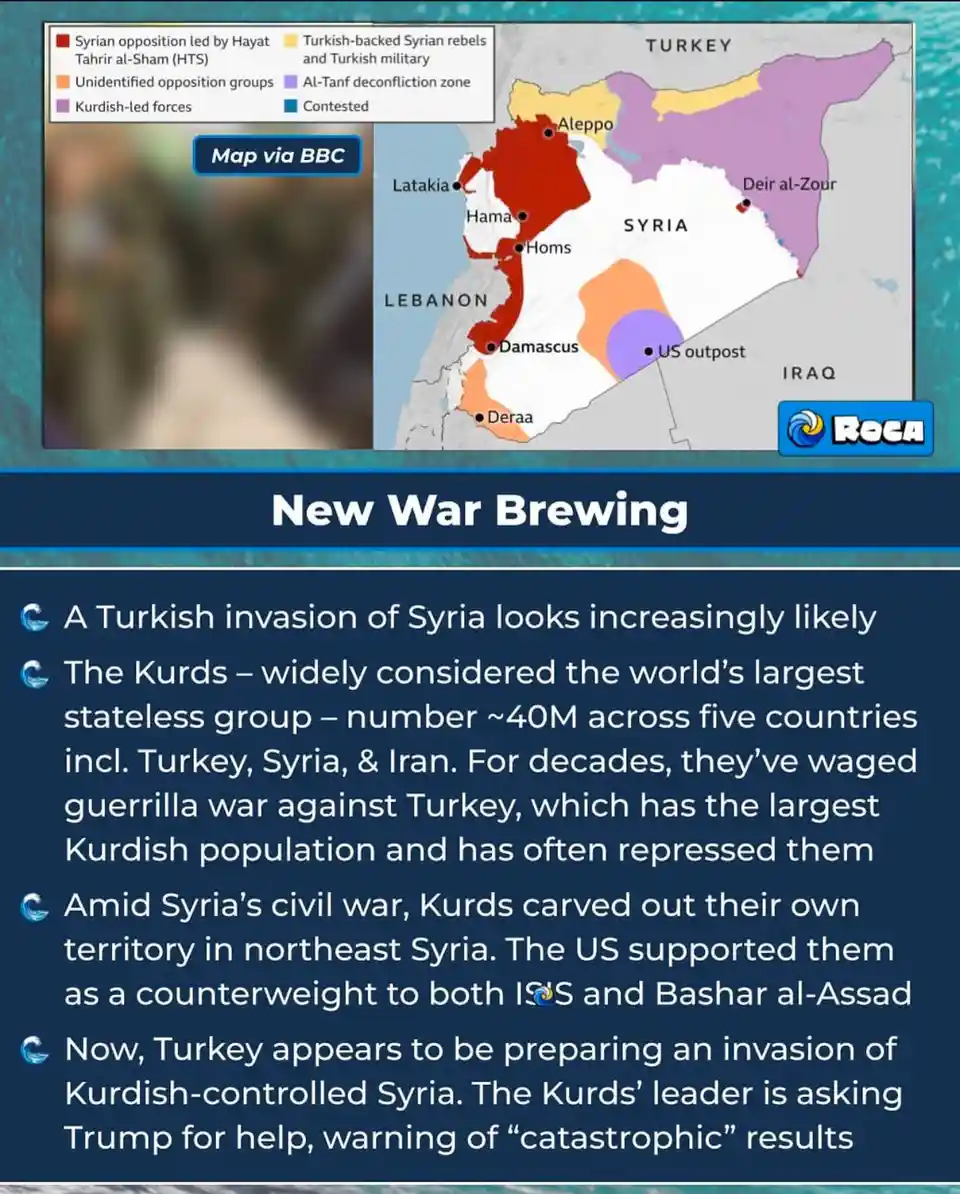 An infographic titled 'New War Brewing' displays a map of Syria with color-coded regions showing control by various factions…