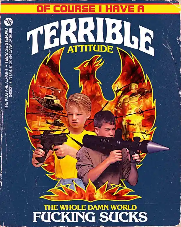 The image is a parody of a 1980s teen book cover, featuring two young boys holding toy guns against a fiery background with…