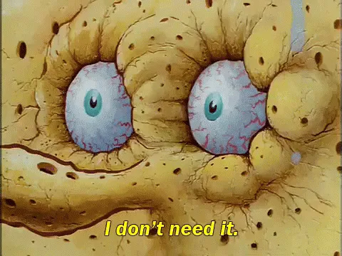 The image displays six panels of SpongeBob SquarePants' eyes, showing a progression from normal to increasingly bloodshot…