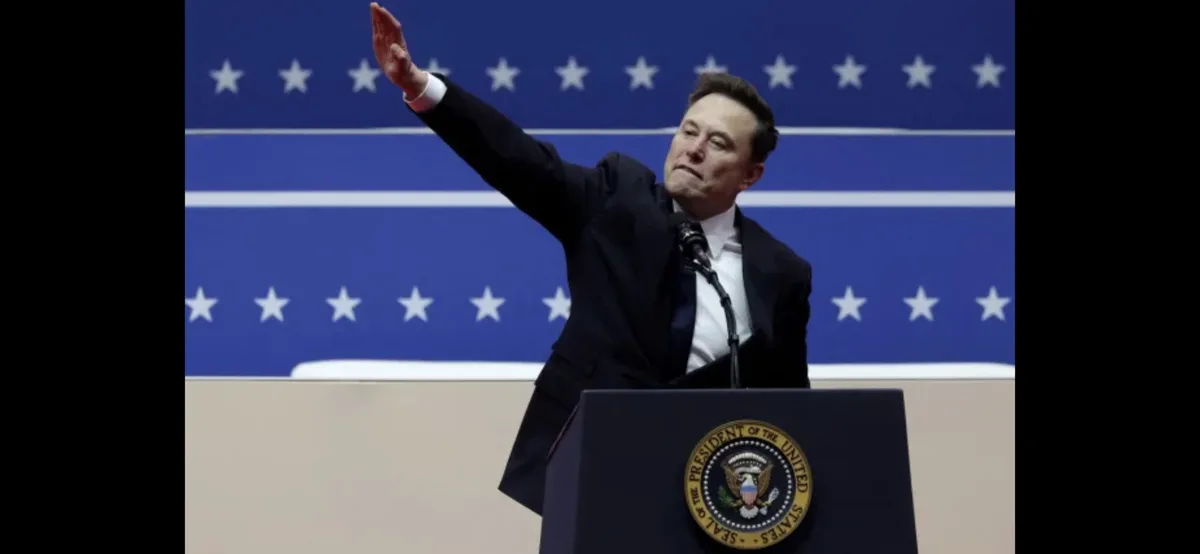 elon musk stands at a podium bearing the seal of the president of the united states, raising his right arm in a gesture…