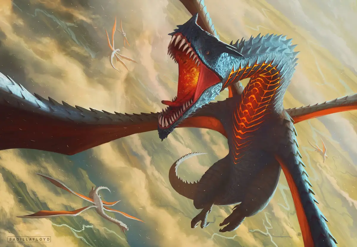 A large, menacing blue and black dragon with glowing orange lava-like patterns on its body and wings is roaring with its…