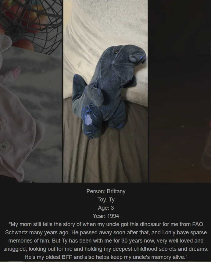A split-screen image shows a worn, blue plush dinosaur toy named Ty, sitting on a bed, alongside a partial view of a pink…