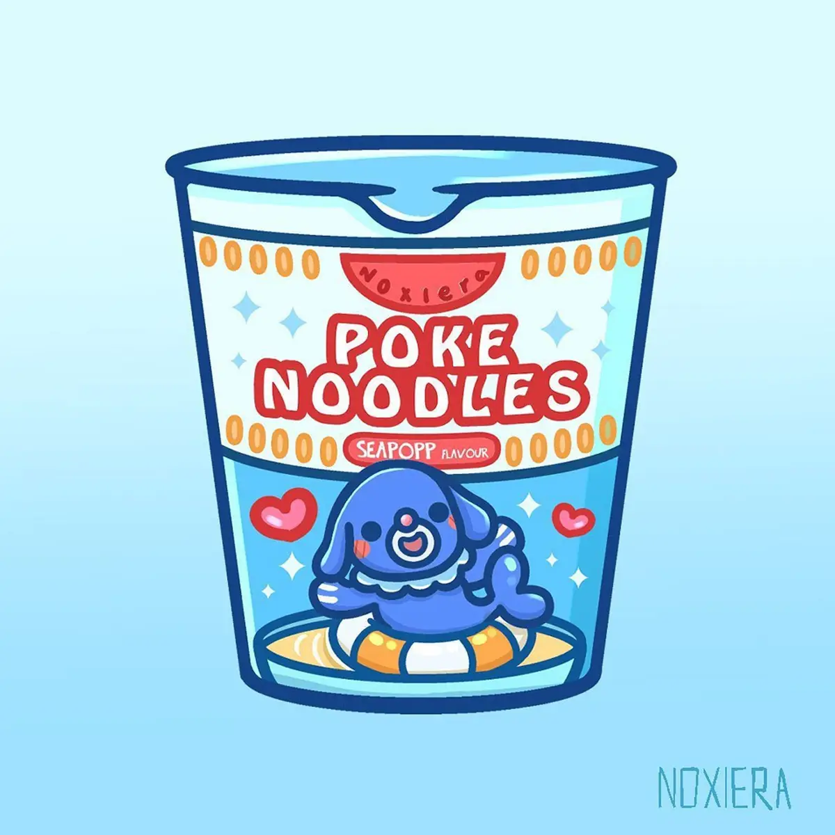 A cartoon illustration of a blue cup of instant noodles labeled 'Noxiera Poke Noodles Seapopp Flavour', featuring a cute…