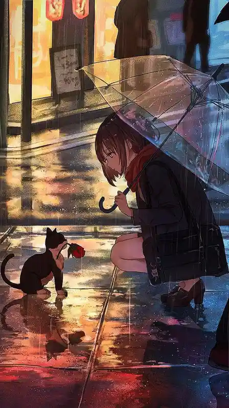 An anime-style illustration shows a young woman with brown hair kneeling in the rain under a clear umbrella, looking down at…
