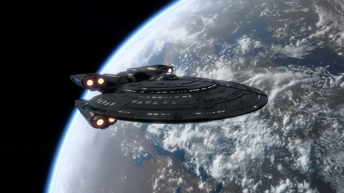 A dark gray Star Trek-style starship with glowing orange engines orbits a planet with blue oceans and white clouds. The…