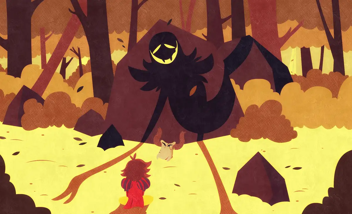 A small, red-cloaked figure stands facing a towering, shadowy monster with glowing yellow eyes and bat-like wings in a…