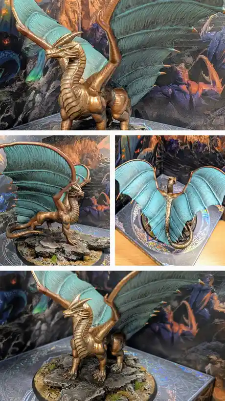A collage of five photos showcasing a detailed, hand-painted miniature dragon statue with bronze-colored body and large teal…