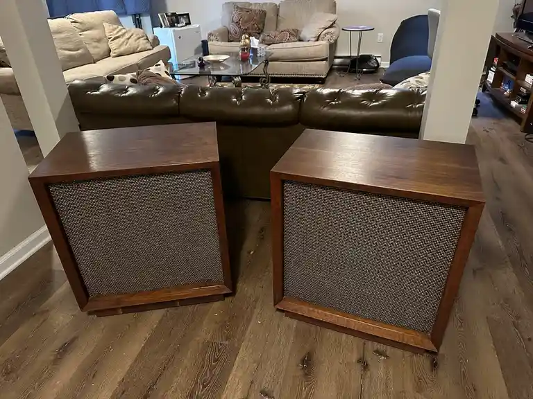 Two large, wooden, cube-shaped speakers with woven fabric fronts sit on a hardwood floor in a living room, flanked by a…