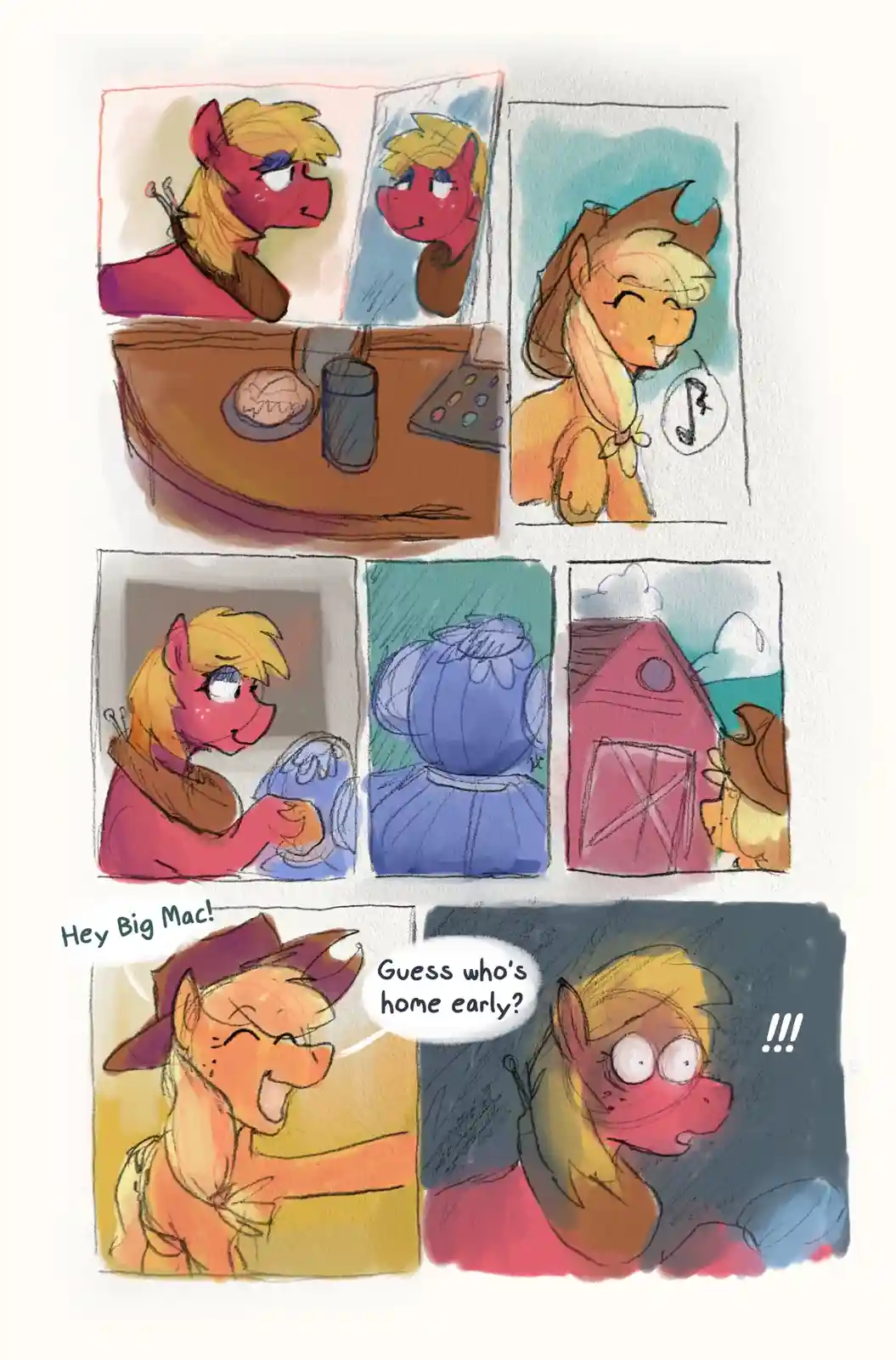 A six-panel comic strip featuring a red pony with blonde hair looking at her reflection, then smiling while listening to…