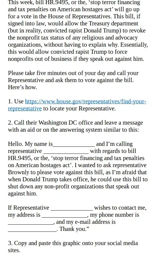 A text-based image displays a call-to-action urging viewers to contact their U.S. Representative to oppose bill HR.9495…
